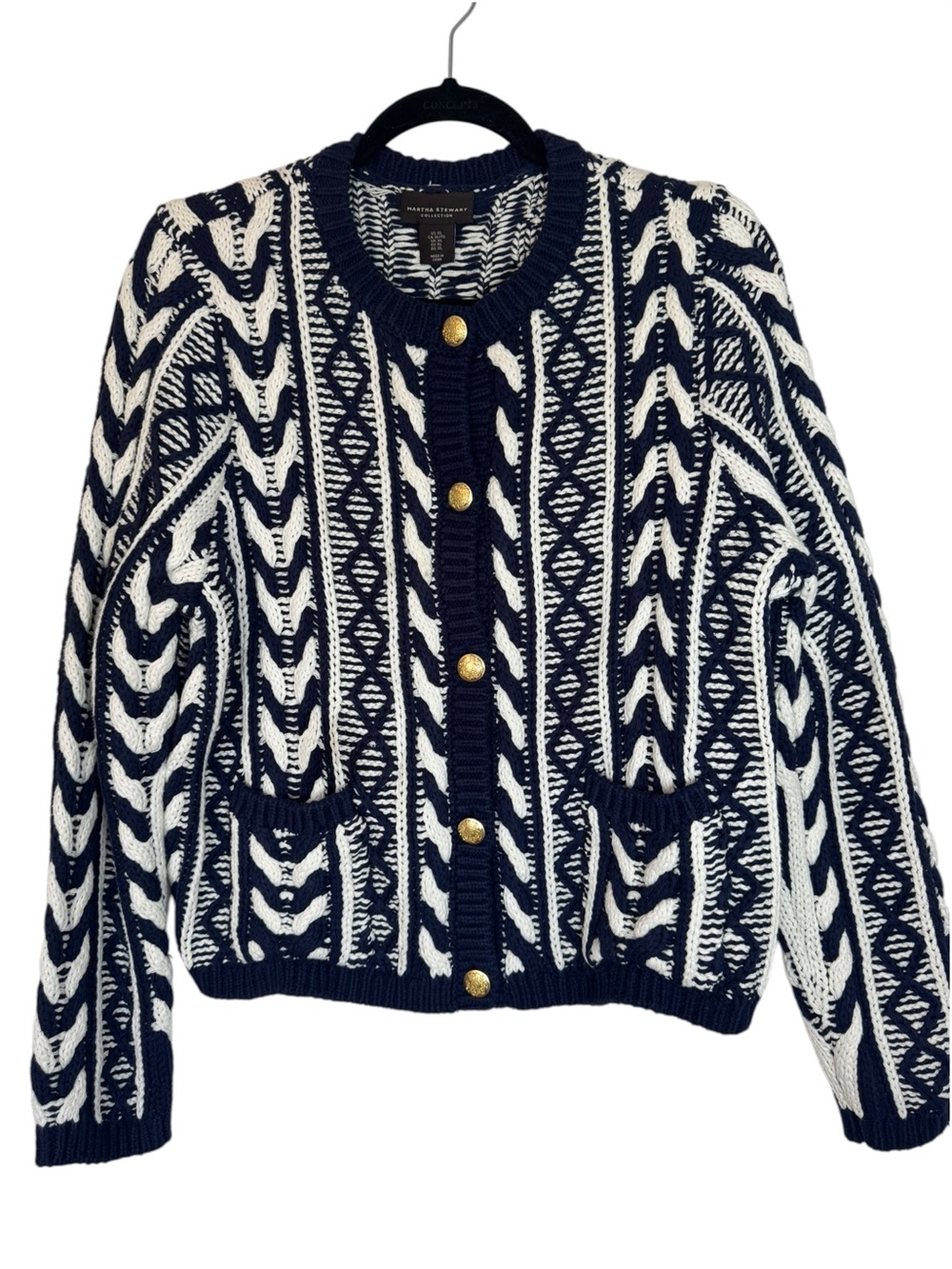 Martha Stewart Navy and Cream Cable-Knit Gold Button XL Cardigan